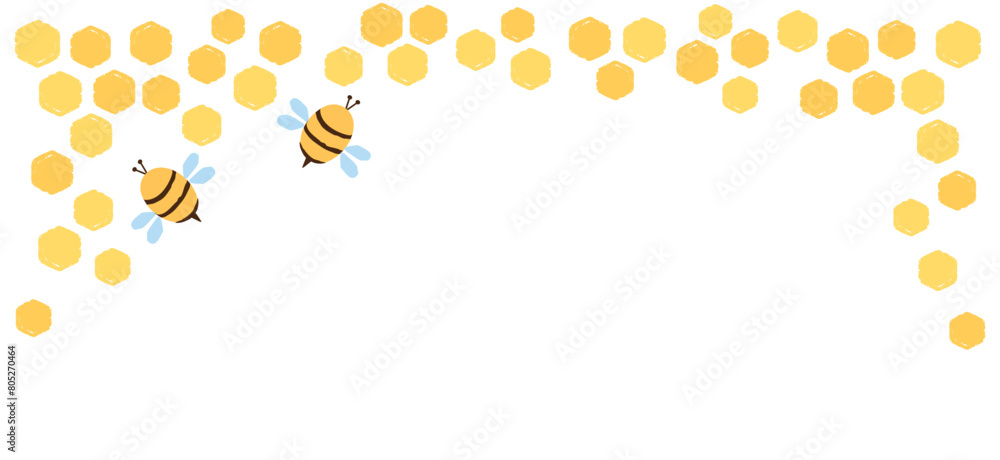 Wall mural beehive honey sign with hexagon grid cells and bee cartoons isolated on white background vector.