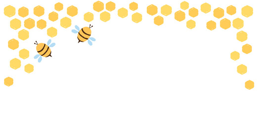 Beehive honey sign with hexagon grid cells and bee cartoons isolated on white background vector.
