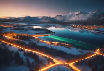 Illuminated Paths Leading to Mountain Lake: Winter Wonderland at Twilight