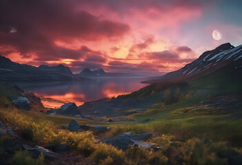 Stunning Sunset Over Serene Mountain Lake: Tranquil Nature Scene