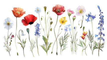 Create a series of vibrant watercolor wildflowers, including poppies, daisies, and bluebells, each clipart capturing the flower's unique charm