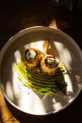 A delicious trout dish. The view from above. Soft focus. 
