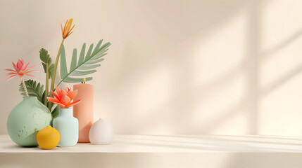 3D plant pot on beige background, the concept of relaxing, plant, interior, minimal, vector, 3D Illustration