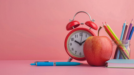 Fresh red apple with alarm clock and different station