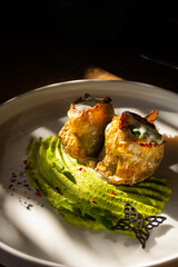 A delicious trout dish. The view from above. Soft focus. 