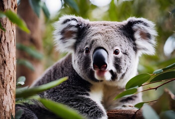 Fototapeta premium Curious Koala Among Eucalyptus Leaves: Close-Up of Australian Wildlife