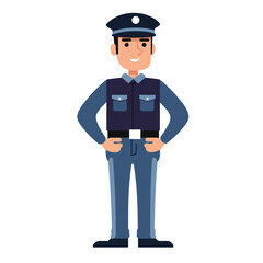 Cartoon police officer standing hands hips uniform confident smile law enforcement. Smiling policeman character blue uniform cap badge professional security job. Happy police man dark blue outfit