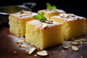 Rich Semolina cake honey spoon. Tasty sweet pastry bakery sugar. Generate Ai