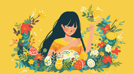 Woman making Easter wreaths with painted eggs 