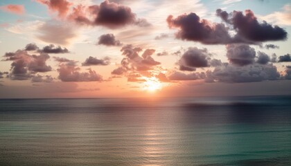 the sun setting over a ocean with clouds on the ocean in the style of pastel color palette photo...