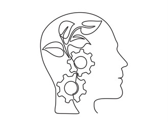 Human head with plant and gears. Concept of good mental health. Continuous one line drawing. Destress management in psychology. Vector illustration