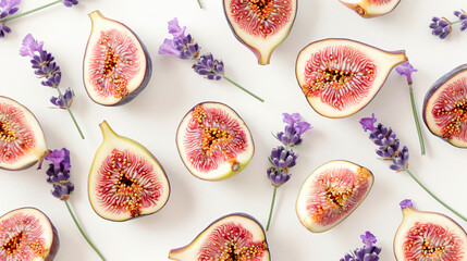 Fresh ripe figs and lavender flowers on white background