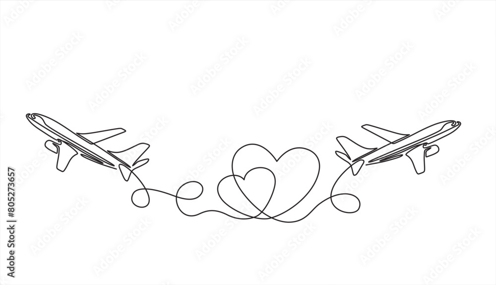 Poster continuous one line drawing of airplane path in heart form. one single line airplane route with star