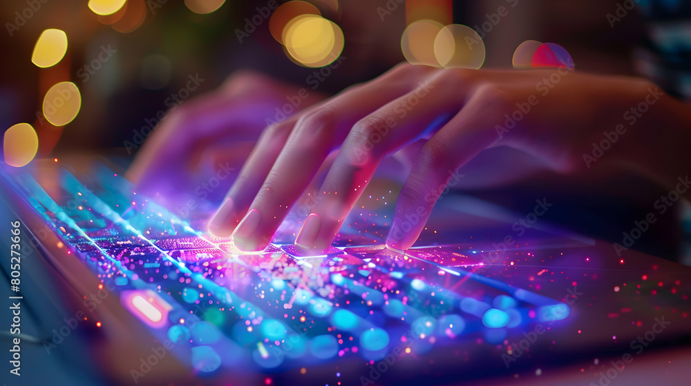 Poster 3d flat icon: tech touchpoints - hand touching key tech touchpoints on a laptop with abstract symbol