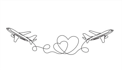 Continuous one line drawing of airplane path in heart form. One single line airplane route with start point and hearted way, aircraft with heart shaped trace. Vector illustration.