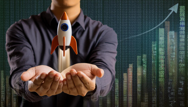 handman control rocket is launching and soar flying out from hand to sky for growth business, Fast business success, Startup business concept, with data analyst and codes background, blurred backgroun