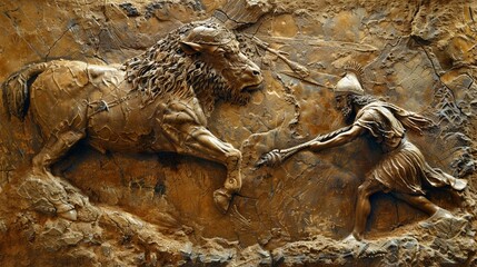 Looking down on Gilgamesh and Enkidu grappling with the Bull of Heaven, dusty plains , Ideogram