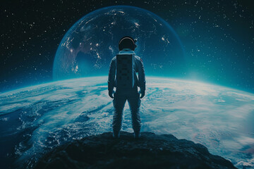 Fototapeta premium Solo astronaut gazing at Earth, illustrating the isolation and responsibility in leadership 