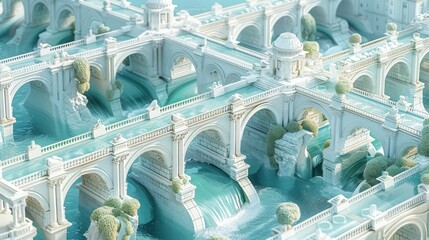 A series of bridges are built over a body of water