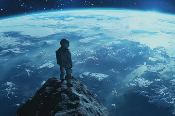 Solo astronaut gazing at Earth, illustrating the isolation and responsibility in leadership 