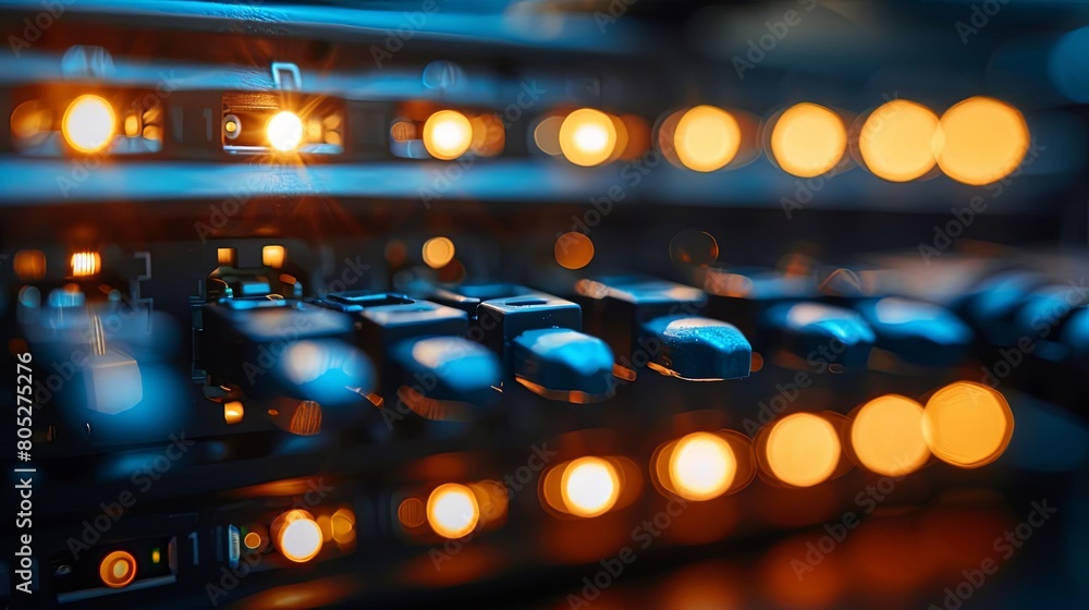 Poster close - up of ethernet ports on a networking switch, with a red light visible in the background