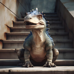 An urban dinosaur sitting on a staircase in the city.	
