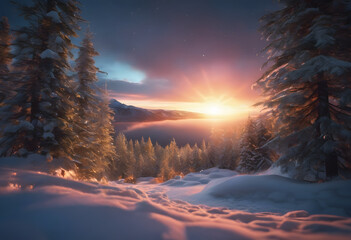 Sunrise Over a Snow-Covered Forest: A Winter Wonderland Scene