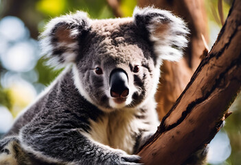 Naklejka premium Curious Koala Clinging to a Tree in a Lush Australian Eucalyptus Forest