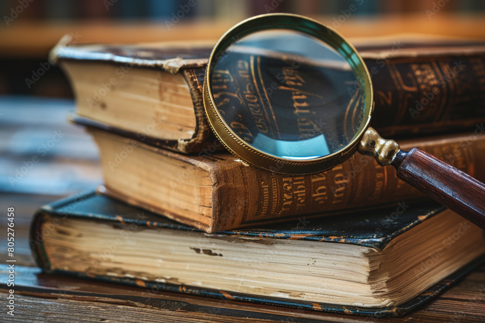 Poster stack of books with a magnifying glass on top close-up on investigation and in-depth study