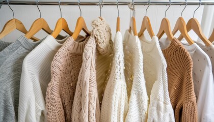 cozy comfort fashion wardrobe winter 2024 what to wear this winter many warm knitwear sweater for cold season cozy white and beige sweaters and knitwear hanging on hangers in the closet