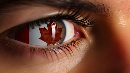 Close up on human eye with the flag of Canada. Maple leaf in eye. Abstract.	