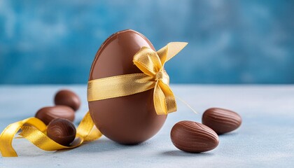 easter chocolate egg wrapped in golden ribbon with a small gold accent on a blue light background...