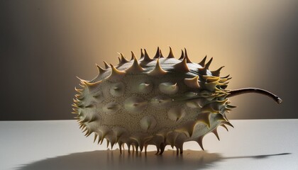 a fruit with spikes on its side against a white background with a light yellow tint