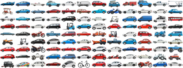 108 cars and various vehicles set of sedan, sports car, super car, bus, electric car, race car and other motor vehicles, many car photo collection set on isolated background AIG44