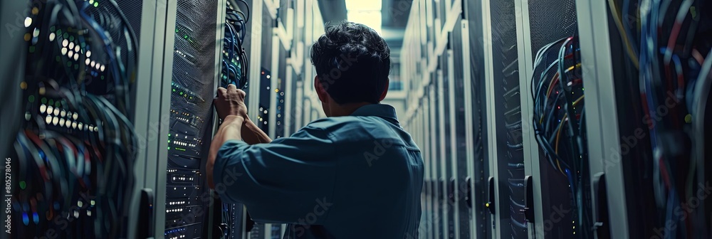 Poster high angle view of a technician organizing data cables in a server room