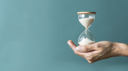 Time Flowing: Hand Holding Hourglass Against Blue Background
