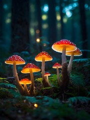 Glowing Fungi Wonders, Close-up exploration of luminous mushrooms, adding an otherworldly charm to a mystical forest scene.