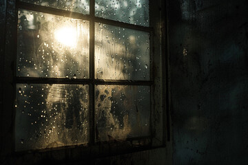 Sunlight filtering through raindrops on a window, creating a mosaic of light and shadow on a dimly lit room background 