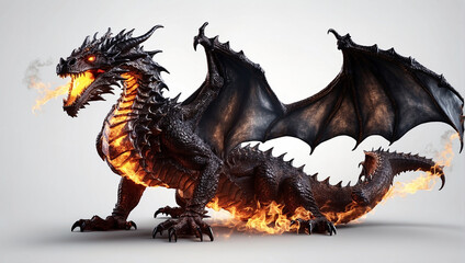 a black dragon with orange wings breathing fire.
