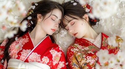 A picture of two girls wearing traditional Japanese kimonos, red and gold, sleeping under a cherry tree fell down.