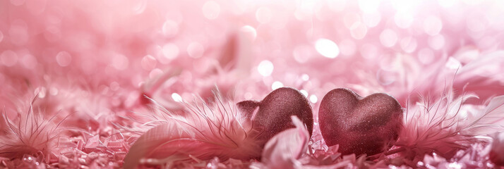 A pink background features fluffy feathers and two heart-shaped objects in the foreground, creating a romantic atmosphere for Valentine's Day.