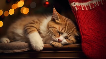 A sleeping orange tabby cat curled up on a wooden surface, with blurred Christmas lights in the background - Powered by Adobe