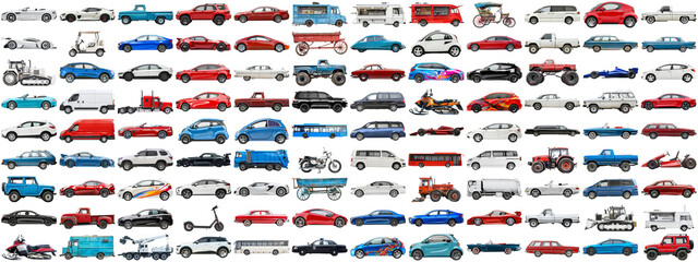 108 cars and various vehicles set of sedan, sports car, super car, bus, electric car, race car and other motor vehicles, many car photo collection set on isolated background AIG44