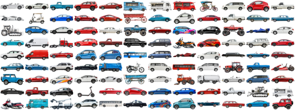 108 cars and various vehicles set of sedan, sports car, super car, bus, electric car, race car and other motor vehicles, many car photo collection set on isolated background AIG44