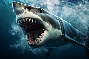 Dramatic Shark head screaming face. Big life. Generate Ai