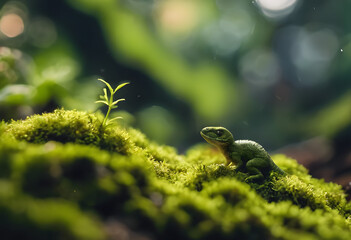 Naklejka premium Tiny Green Lizard on Mossy Forest Floor: Nature's Small Wonders