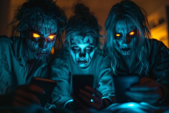 A chilling scene with individuals in zombie costumes using smartphones, creating a paradox of the undead with technology
