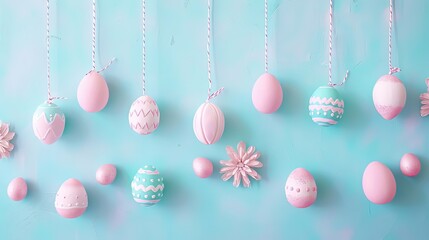 Happy Easter panoramic banner with pastel painted eggs. Easter eggs hanging on blue and pink textured wall background.