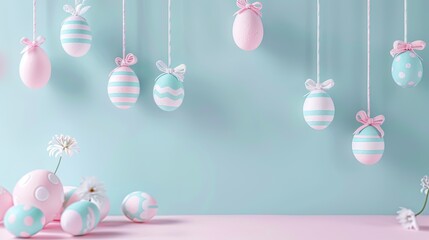 Happy Easter panoramic banner with pastel painted eggs. Easter eggs hanging on blue and pink textured wall background.