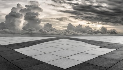dramatic black white floor background with panoramic cloudy sky